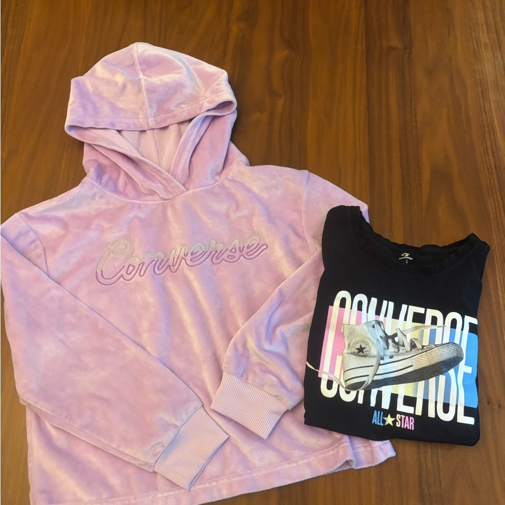 Converse Lavender Cropped Hoodie and Black T-Shirt Girls Size Large